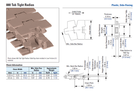 Sideflexing chain, tight radius LF880T-3.25IN TR (TAB)