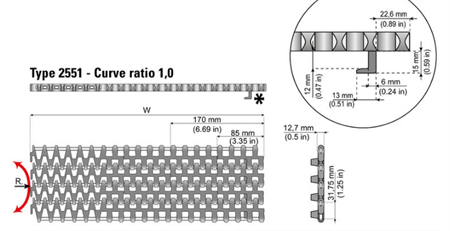 Sideflexing modular belt LFG2551 W=510