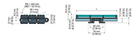 Sideflexing chain with low noise rollers NGE882LBP-TAB-K750