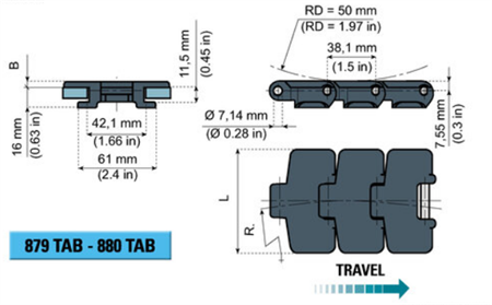 Sideflexing chain with tab NGE880TAB-K325