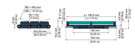 Double hinge straight running chain with low noise rollers